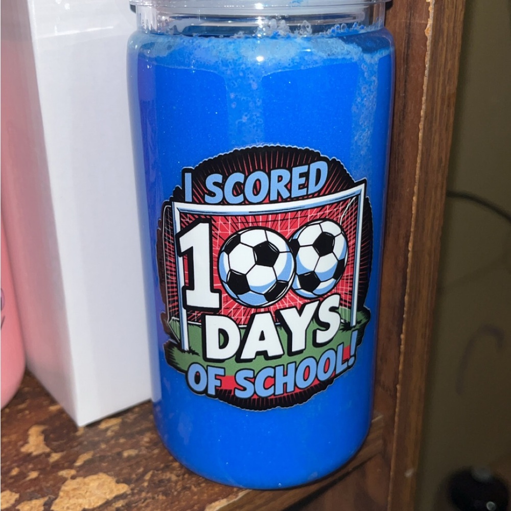 Blue "100 Days of School" snow globe cup